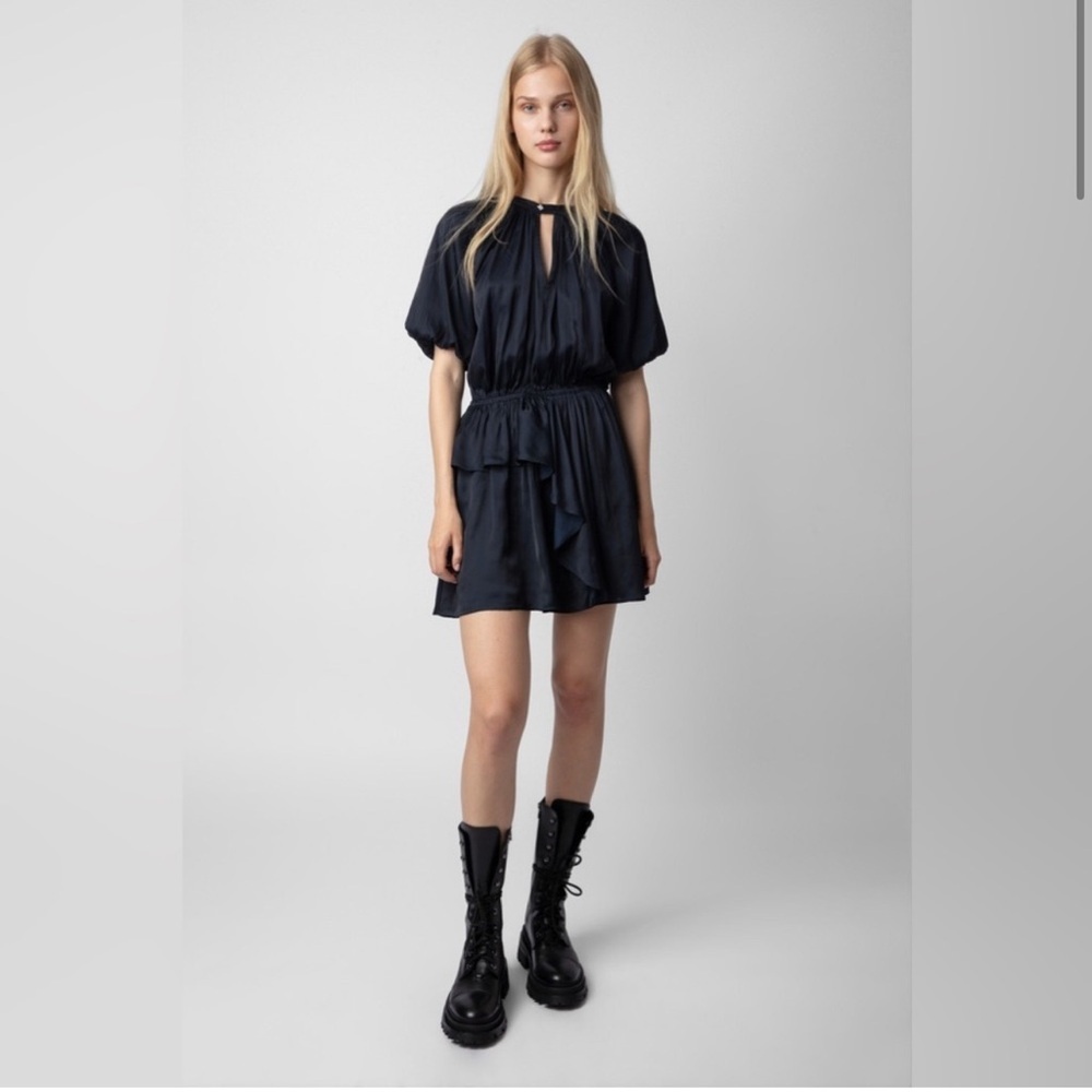 Zadig & Voltaire Romina Blouson Minidress Navy Silk Cookis Crinkle Ruffle Size S